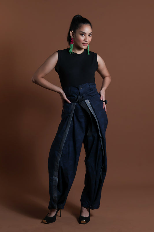 ADJUSTABLE  WIDE BLUE FATIGUE MILITARY PANTS WITH SILVER METALLIC HABLON