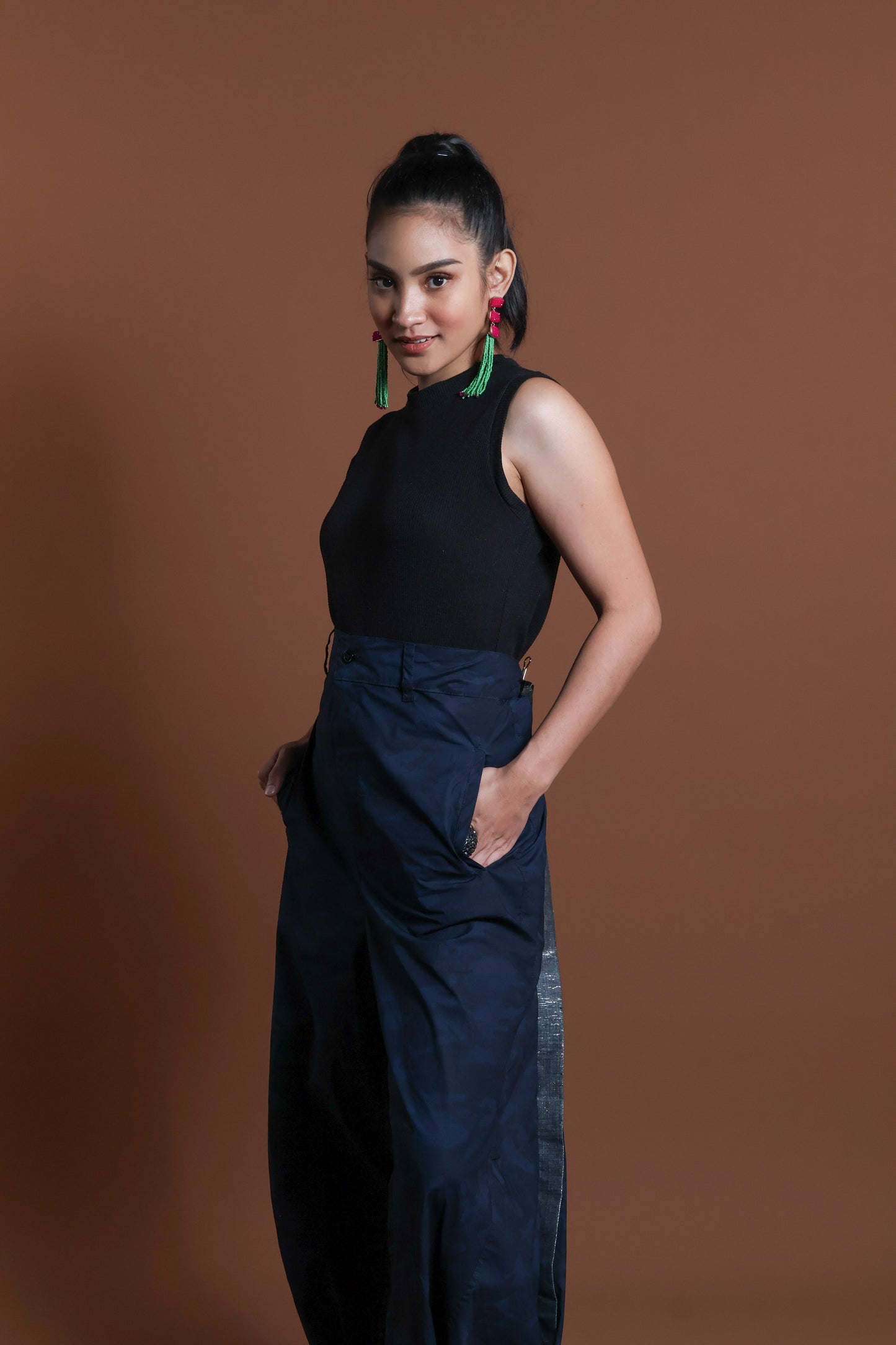 ADJUSTABLE  WIDE BLUE FATIGUE MILITARY PANTS WITH SILVER METALLIC HABLON