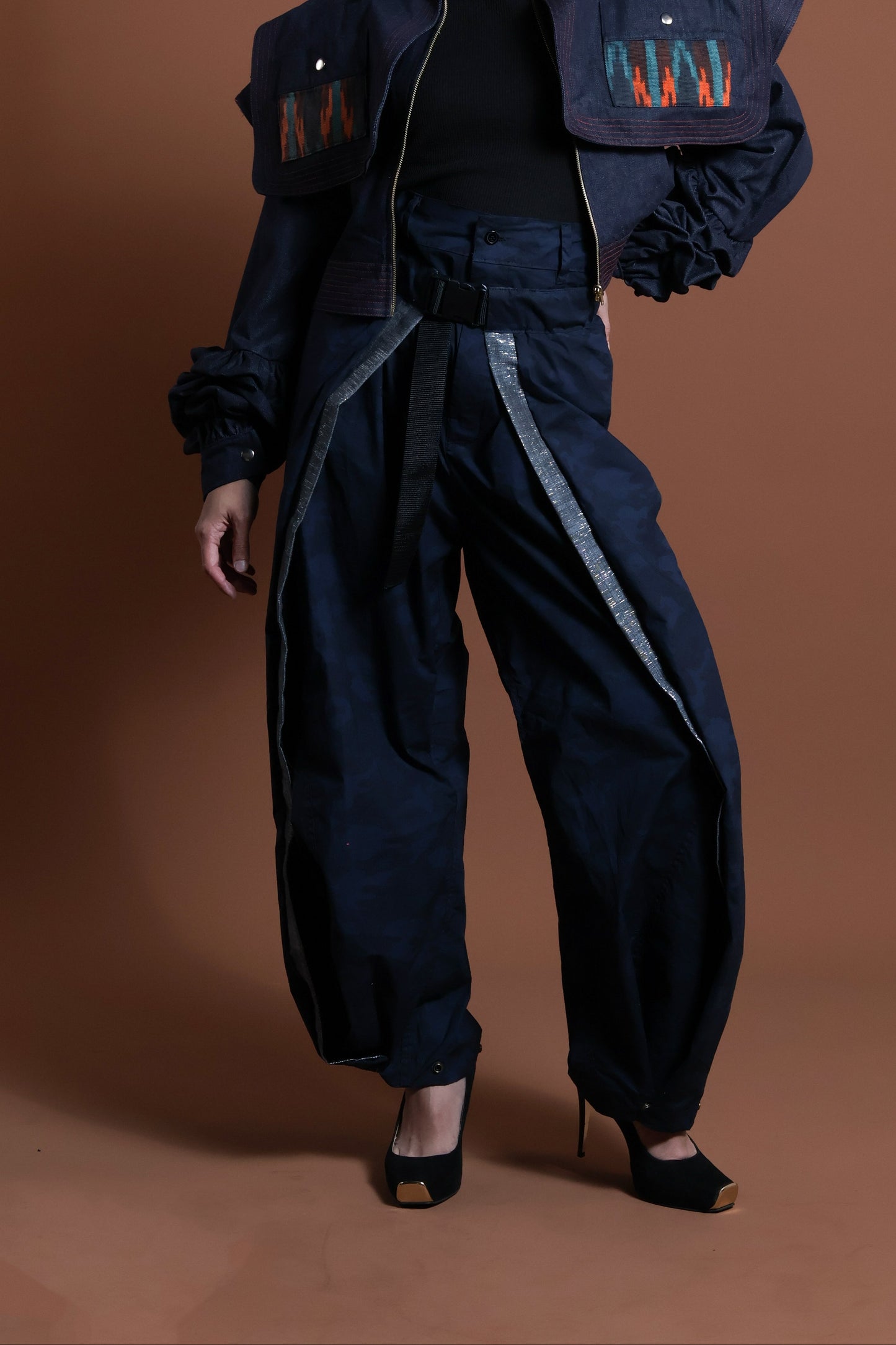 ADJUSTABLE  WIDE BLUE FATIGUE MILITARY PANTS WITH SILVER METALLIC HABLON