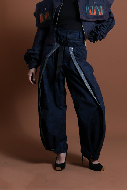 ADJUSTABLE  WIDE BLUE FATIGUE MILITARY PANTS WITH SILVER METALLIC HABLON