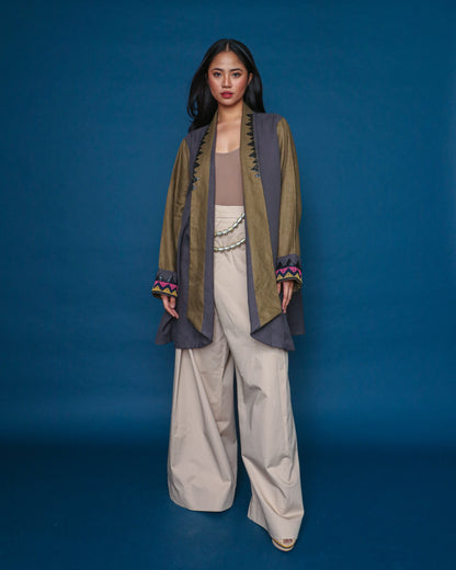 Karangalan Brown Trench Jacket with Langket Weaves and Hand Embroidery