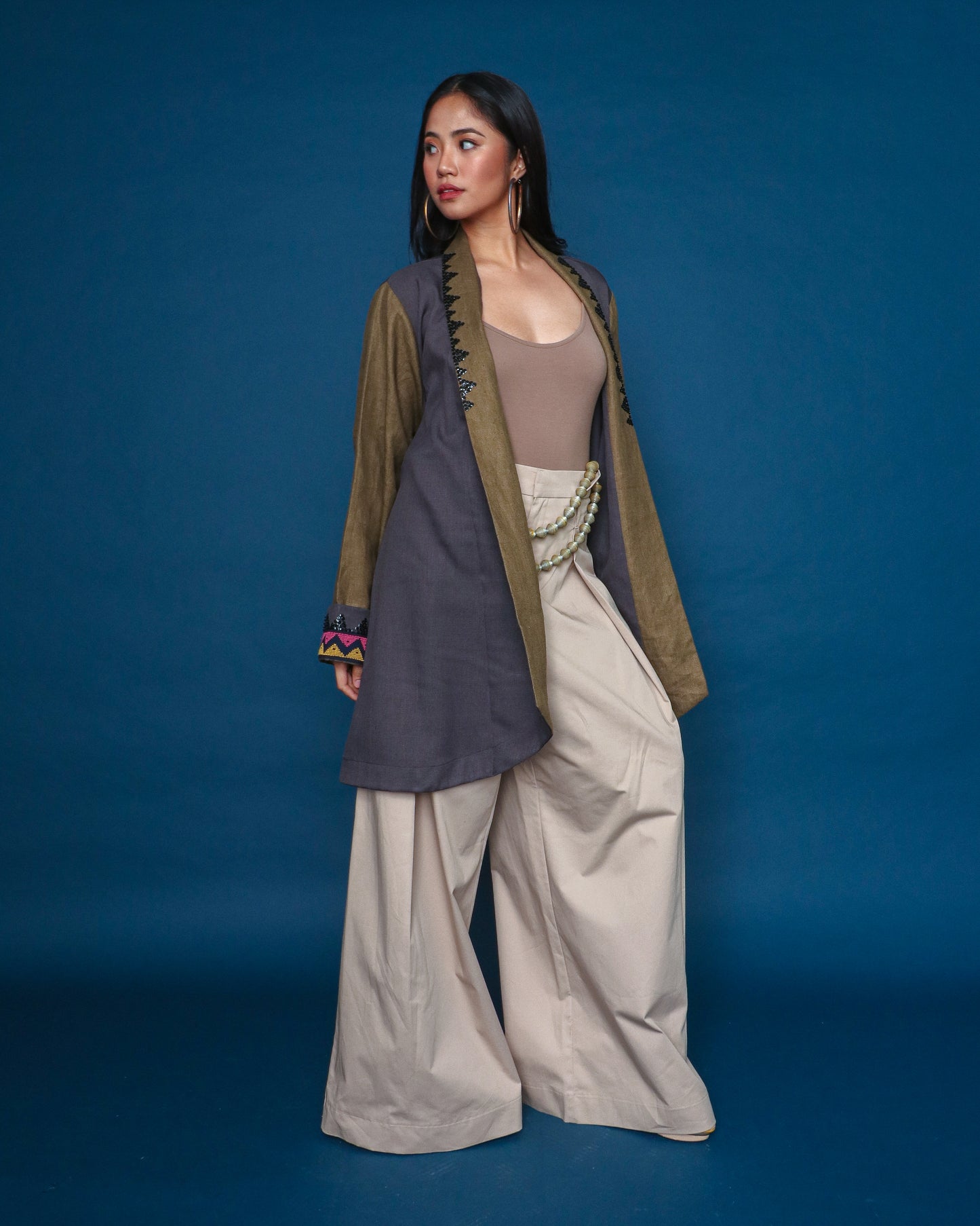 Karangalan Brown Trench Jacket with Langket Weaves and Hand Embroidery