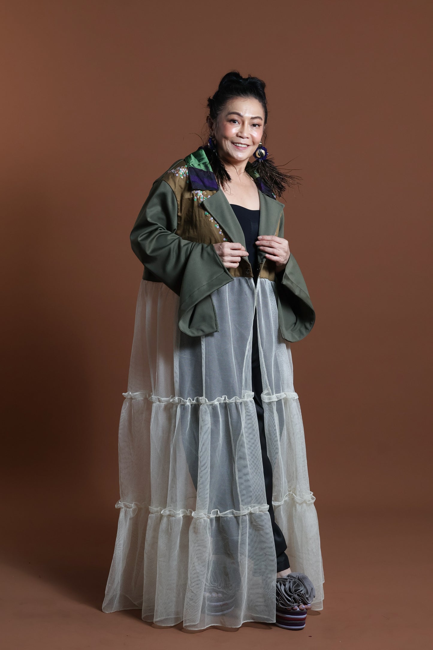 GREEN INAUL CROP SEE THROUGH TRENCH COVER UP INAUL OF MAGUINDANAO WITH HANDBEADED