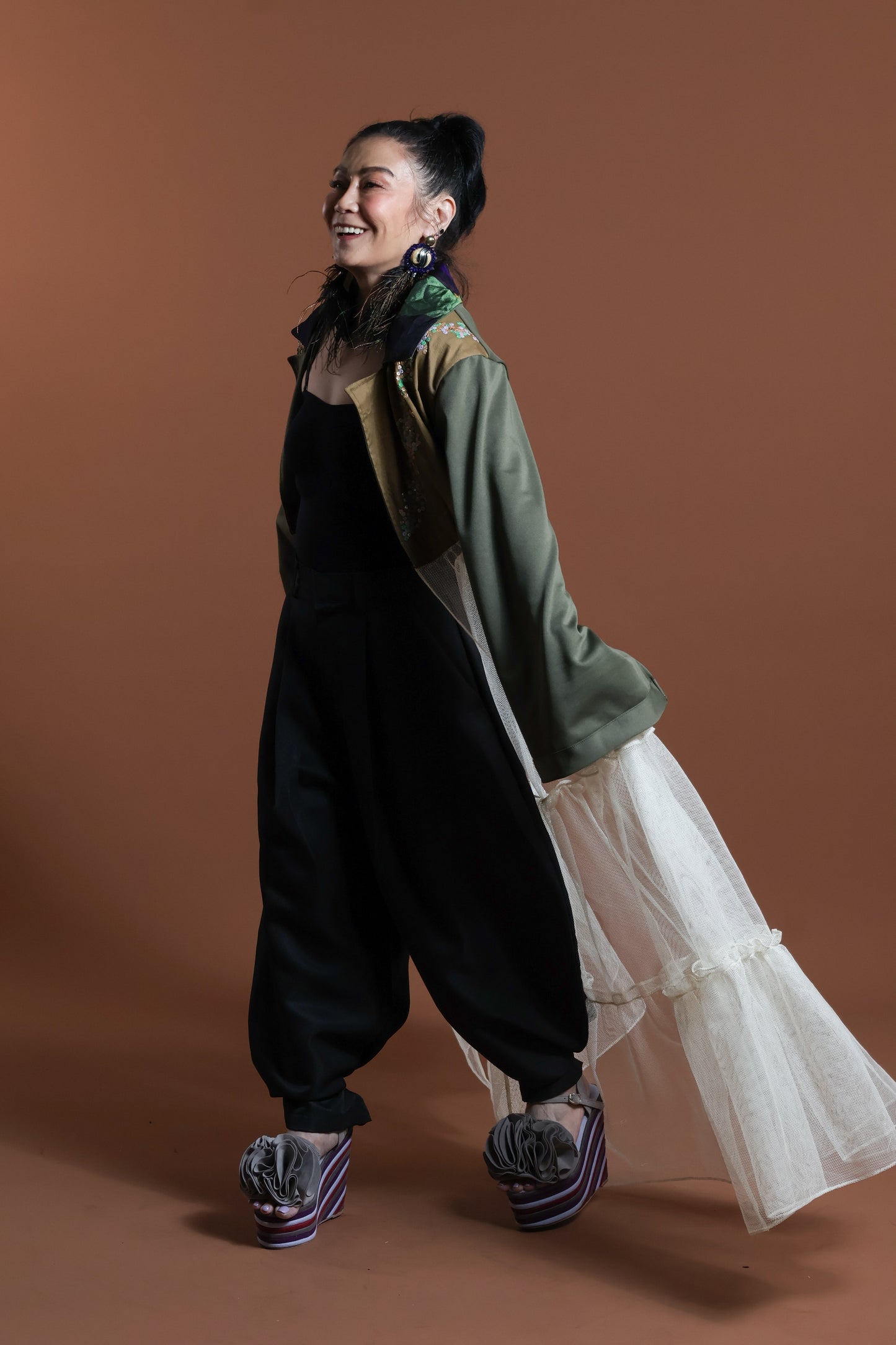 GREEN INAUL CROP SEE THROUGH TRENCH COVER UP INAUL OF MAGUINDANAO WITH HANDBEADED