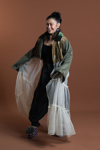 GREEN INAUL CROP SEE THROUGH TRENCH COVER UP INAUL OF MAGUINDANAO WITH HANDBEADED