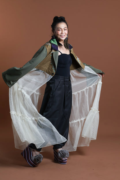GREEN INAUL CROP SEE THROUGH TRENCH COVER UP INAUL OF MAGUINDANAO WITH HANDBEADED
