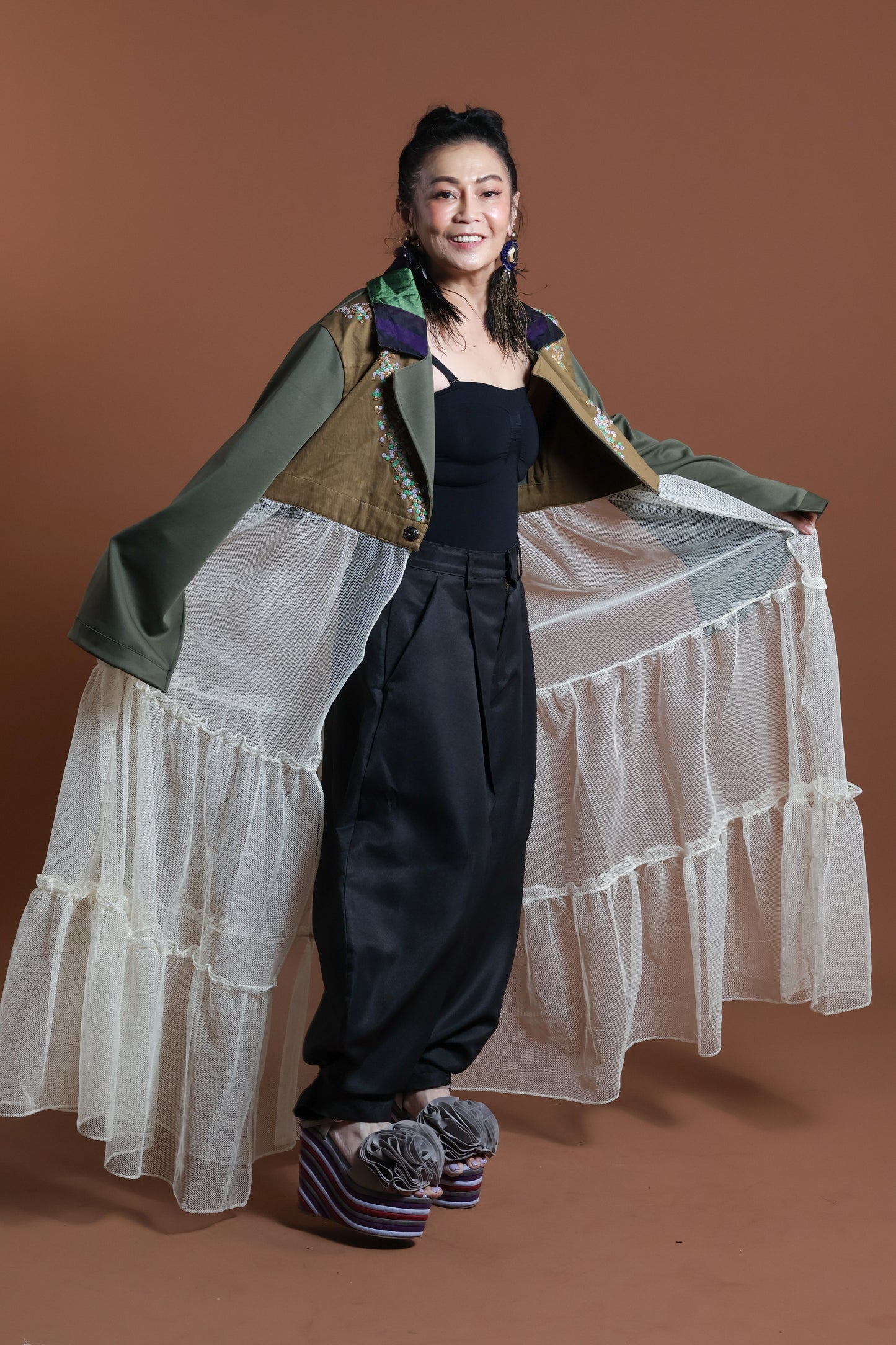 GREEN INAUL CROP SEE THROUGH TRENCH COVER UP INAUL OF MAGUINDANAO WITH HANDBEADED