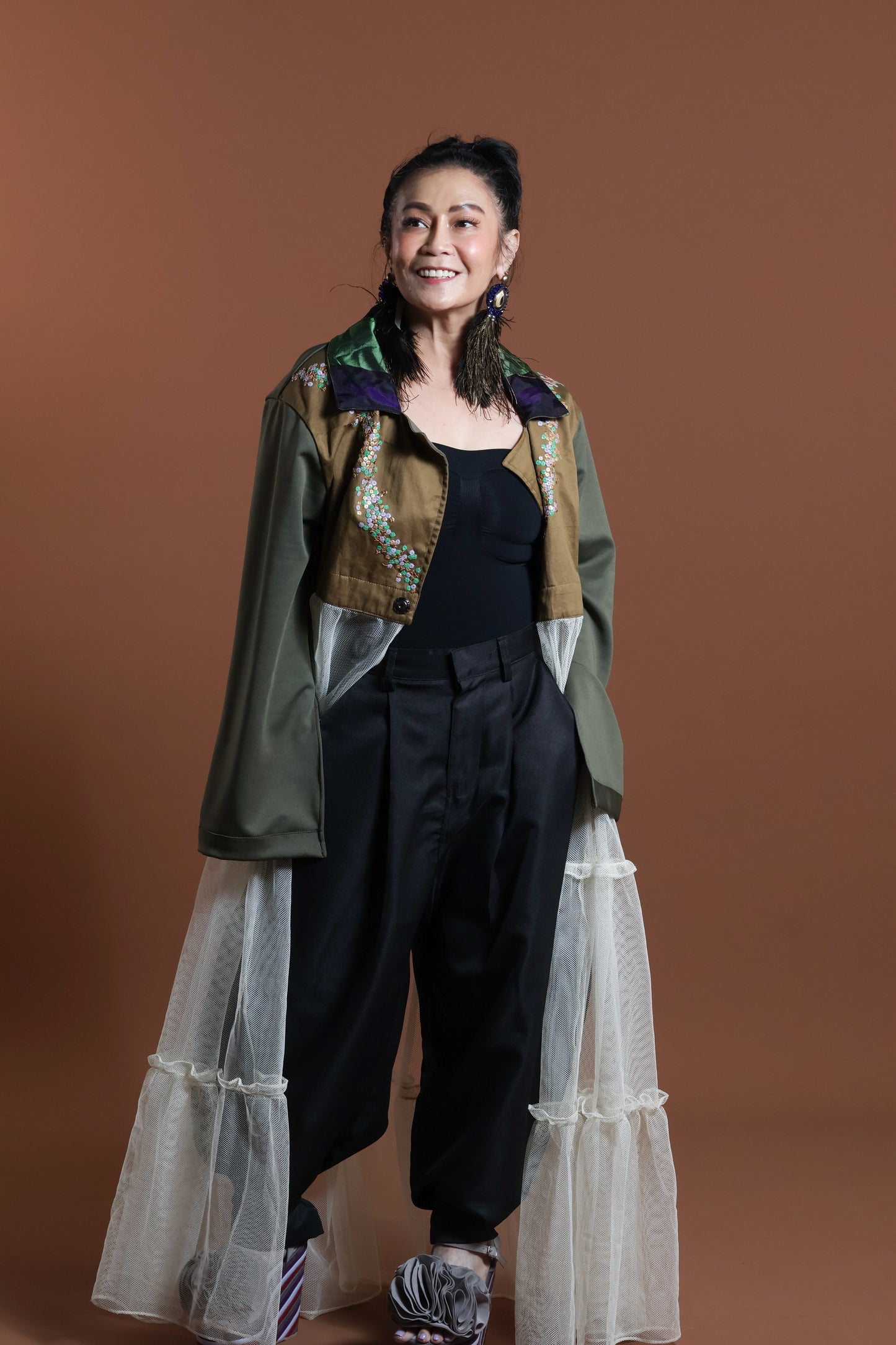GREEN INAUL CROP SEE THROUGH TRENCH COVER UP INAUL OF MAGUINDANAO WITH HANDBEADED