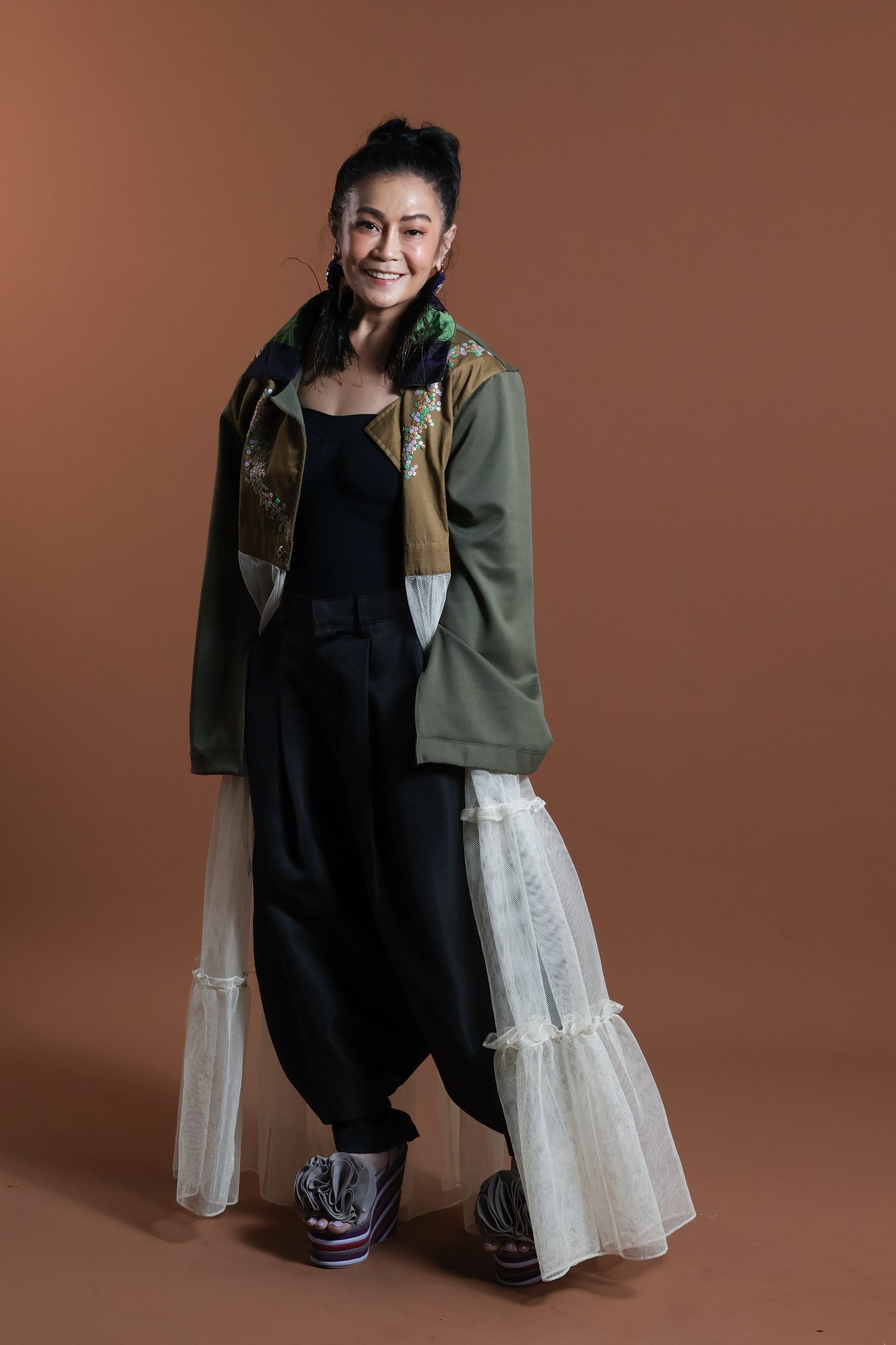 GREEN INAUL CROP SEE THROUGH TRENCH COVER UP INAUL OF MAGUINDANAO WITH HANDBEADED