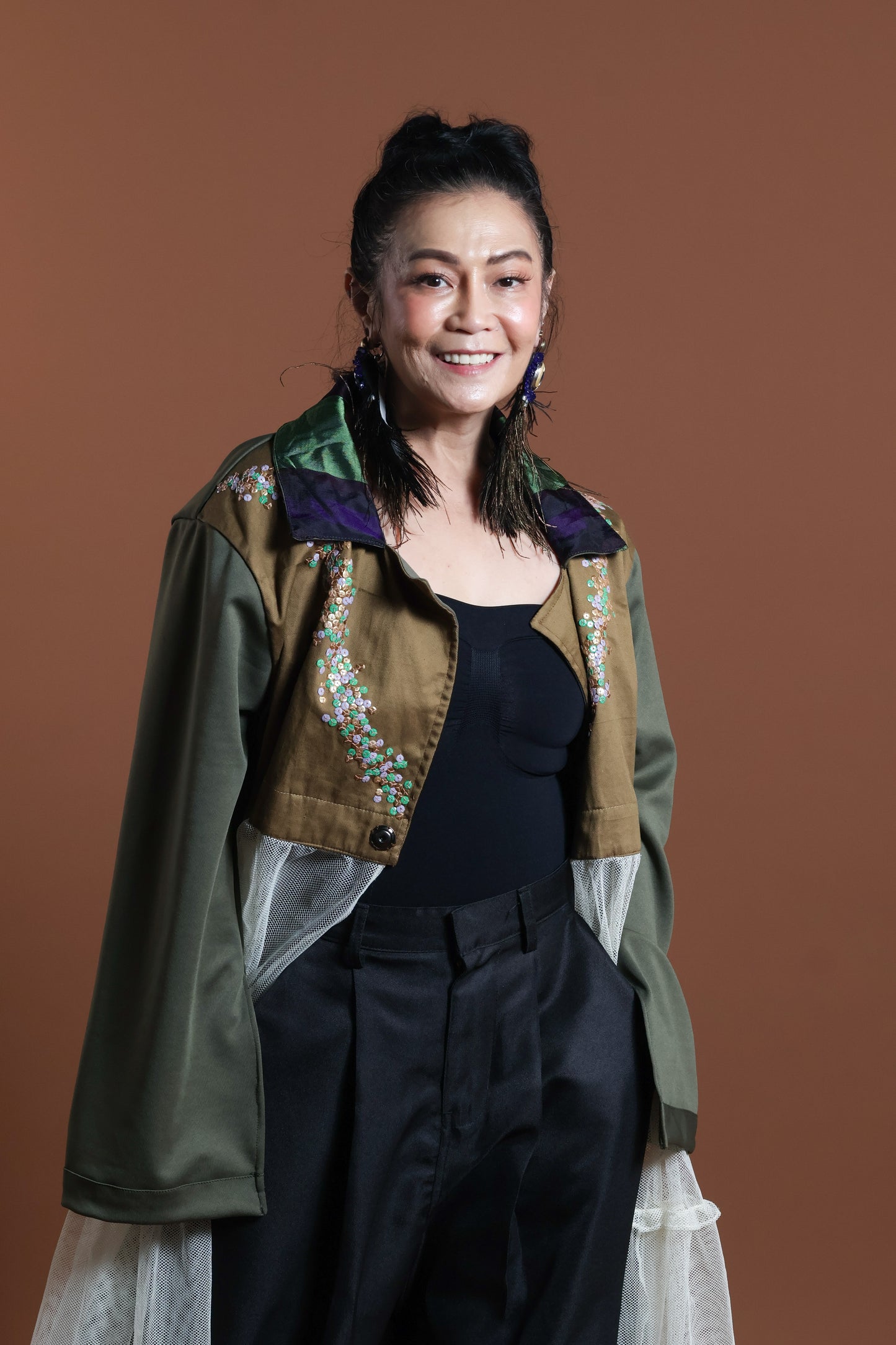 GREEN INAUL CROP SEE THROUGH TRENCH COVER UP INAUL OF MAGUINDANAO WITH HANDBEADED