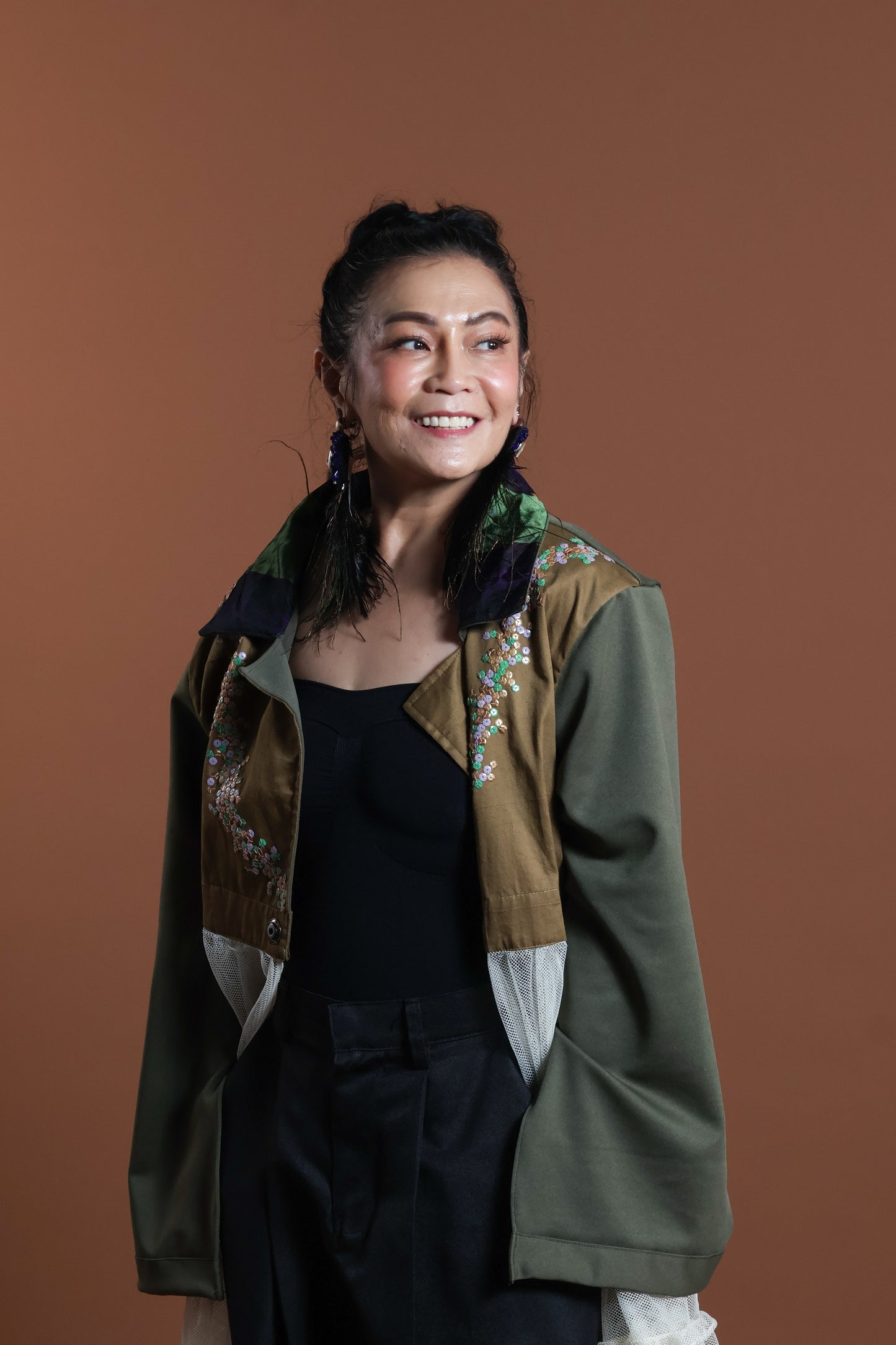 GREEN INAUL CROP SEE THROUGH TRENCH COVER UP INAUL OF MAGUINDANAO WITH HANDBEADED