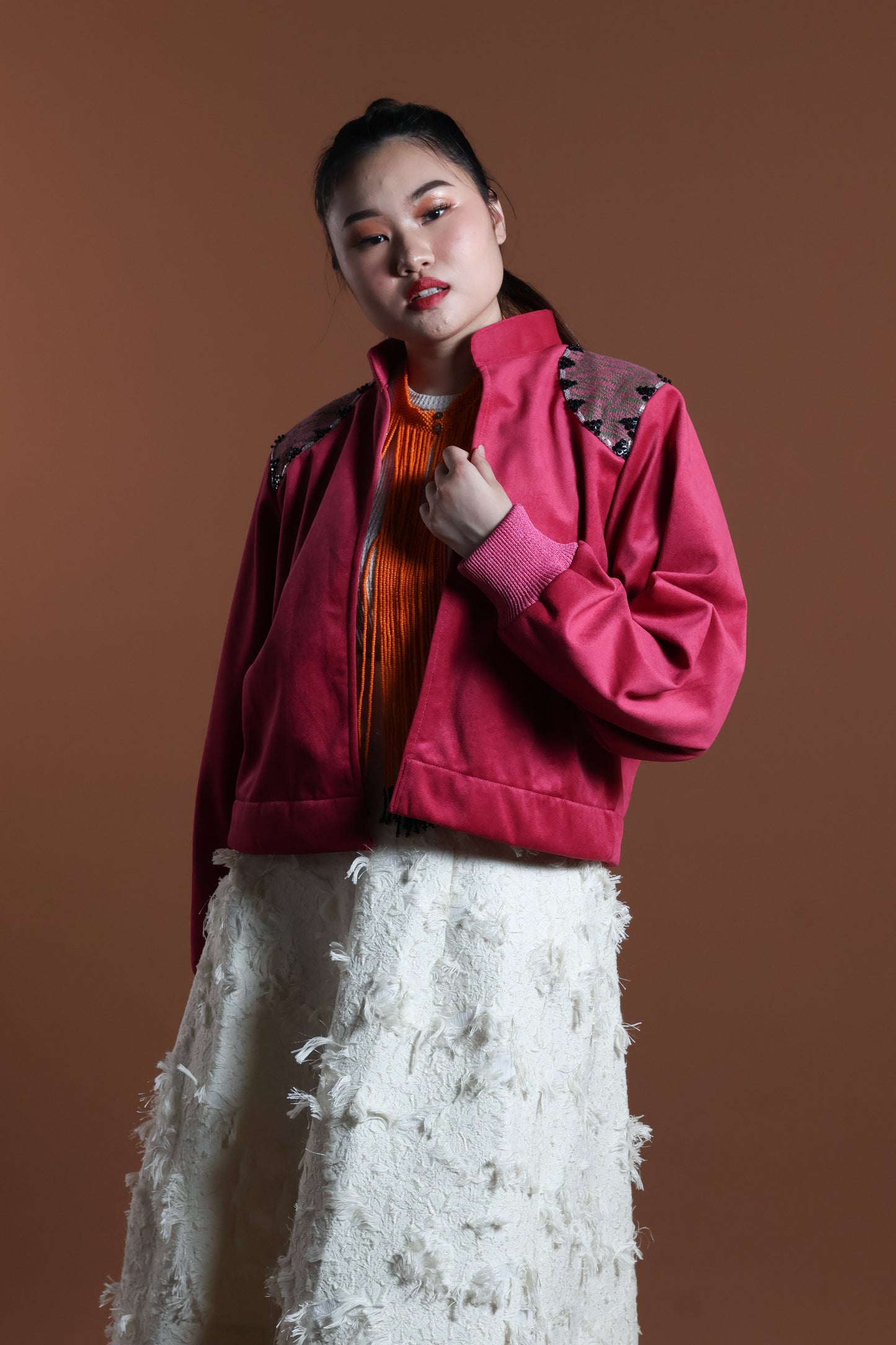 GLADIATOR JACKET IN PINK VELVET AND KABANKALAN WEAVE