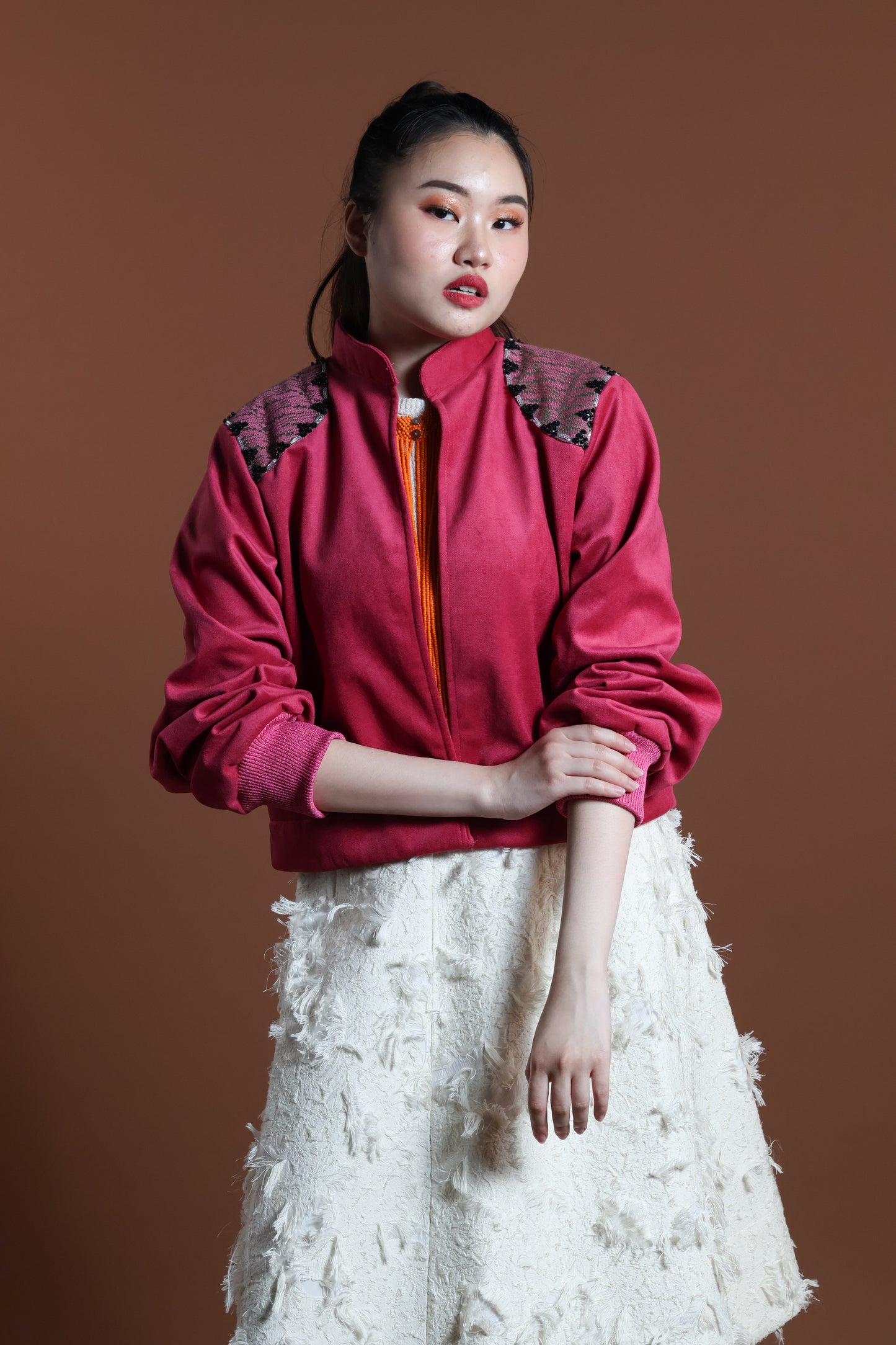 GLADIATOR JACKET IN PINK VELVET AND KABANKALAN WEAVE