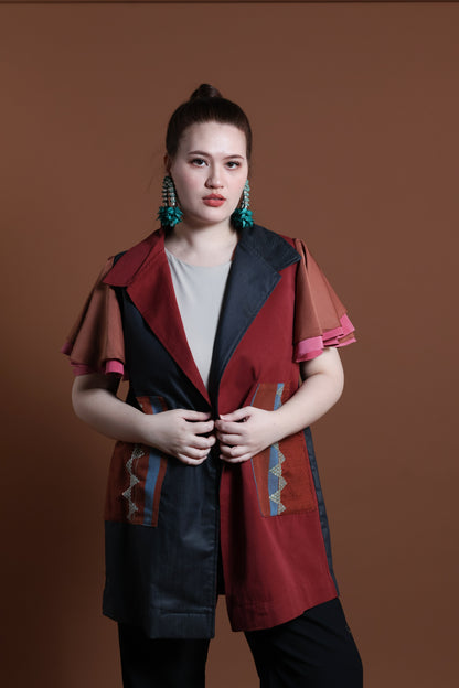 PANGANAY COVER UP PONCHO IN RED BLUE WITH KANTARINES WEAVE