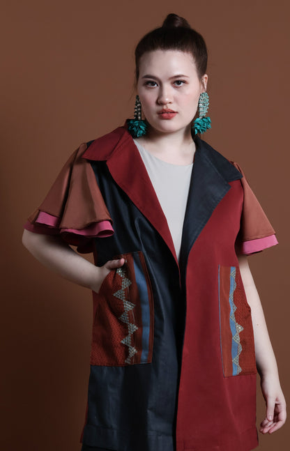 PANGANAY COVER UP PONCHO IN RED BLUE WITH KANTARINES WEAVE