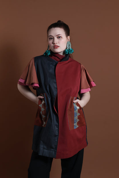 PANGANAY COVER UP PONCHO IN RED BLUE WITH KANTARINES WEAVE