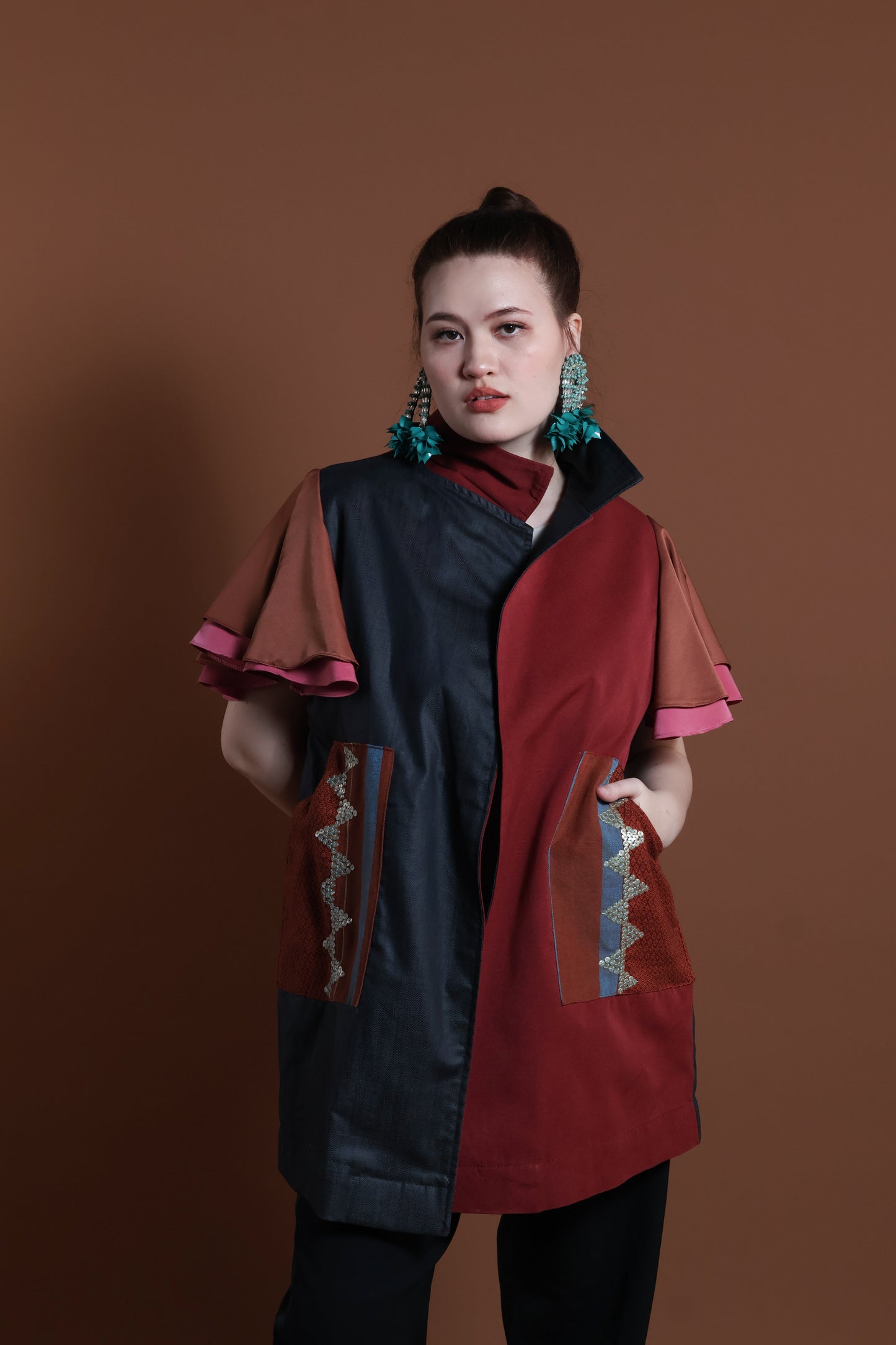 PANGANAY COVER UP PONCHO IN RED BLUE WITH KANTARINES WEAVE