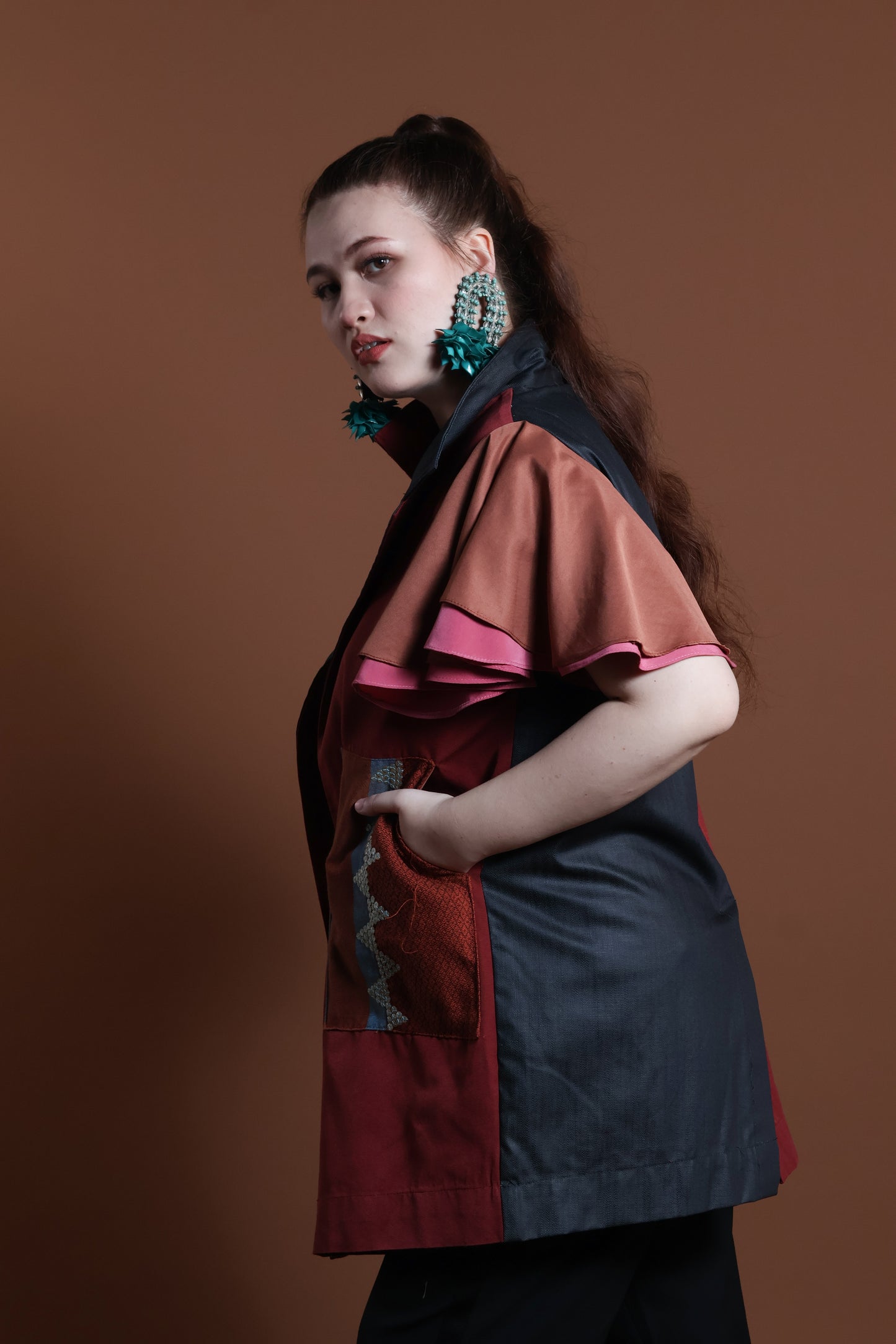 PANGANAY COVER UP PONCHO IN RED BLUE WITH KANTARINES WEAVE
