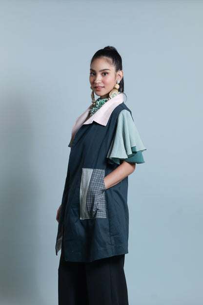 PANGANAY  TRENCH IN GREEN WITH IKAT AND HABLON WEAVE