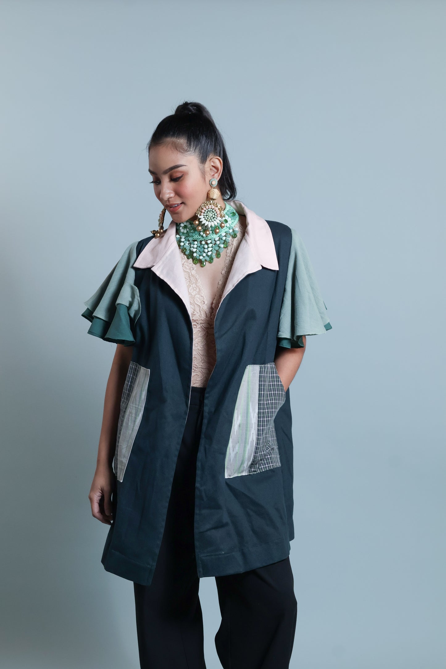 PANGANAY  TRENCH IN GREEN WITH IKAT AND HABLON WEAVE