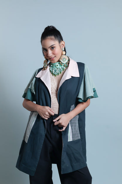 PANGANAY  TRENCH IN GREEN WITH IKAT AND HABLON WEAVE