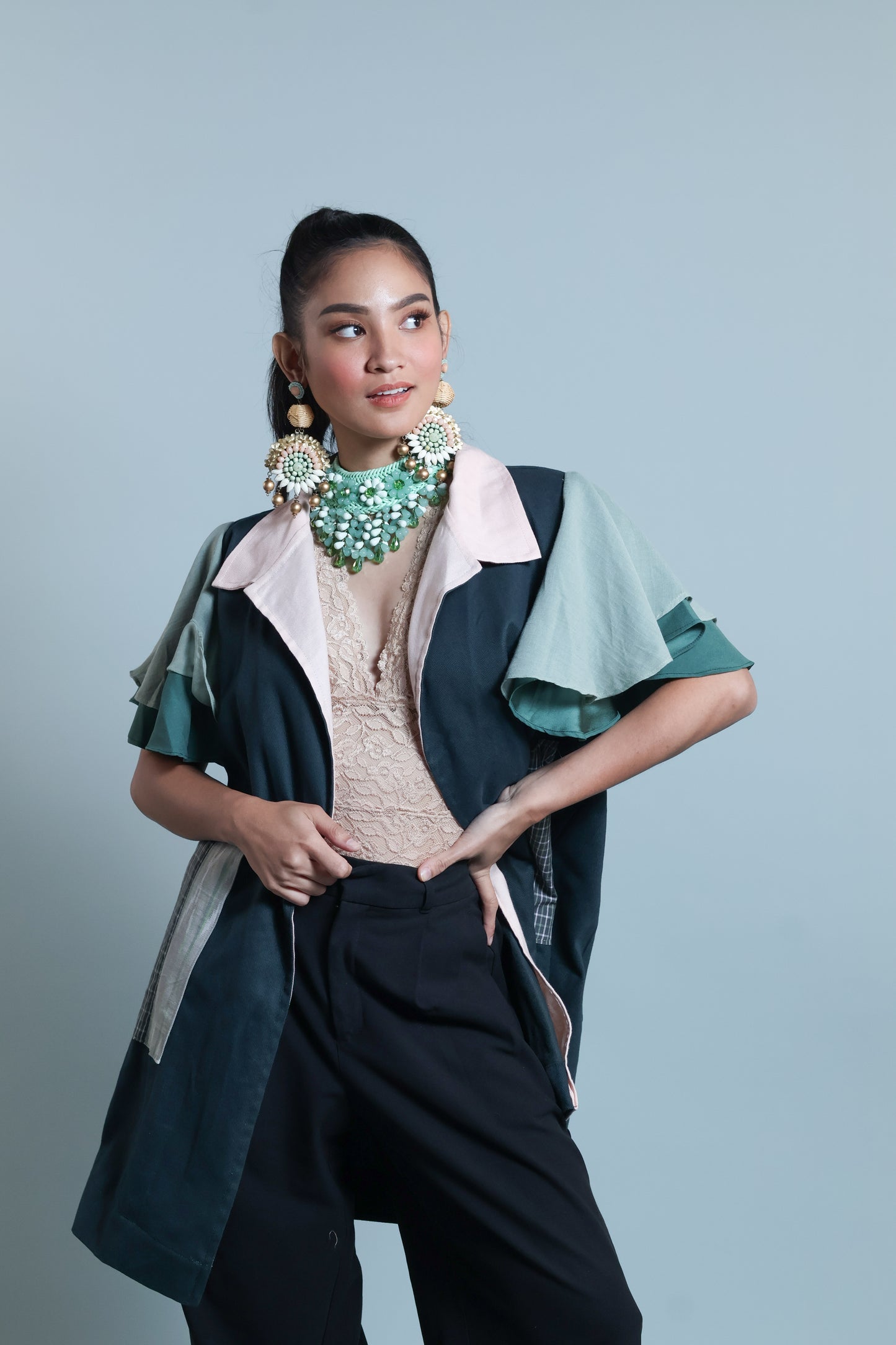 PANGANAY  TRENCH IN GREEN WITH IKAT AND HABLON WEAVE
