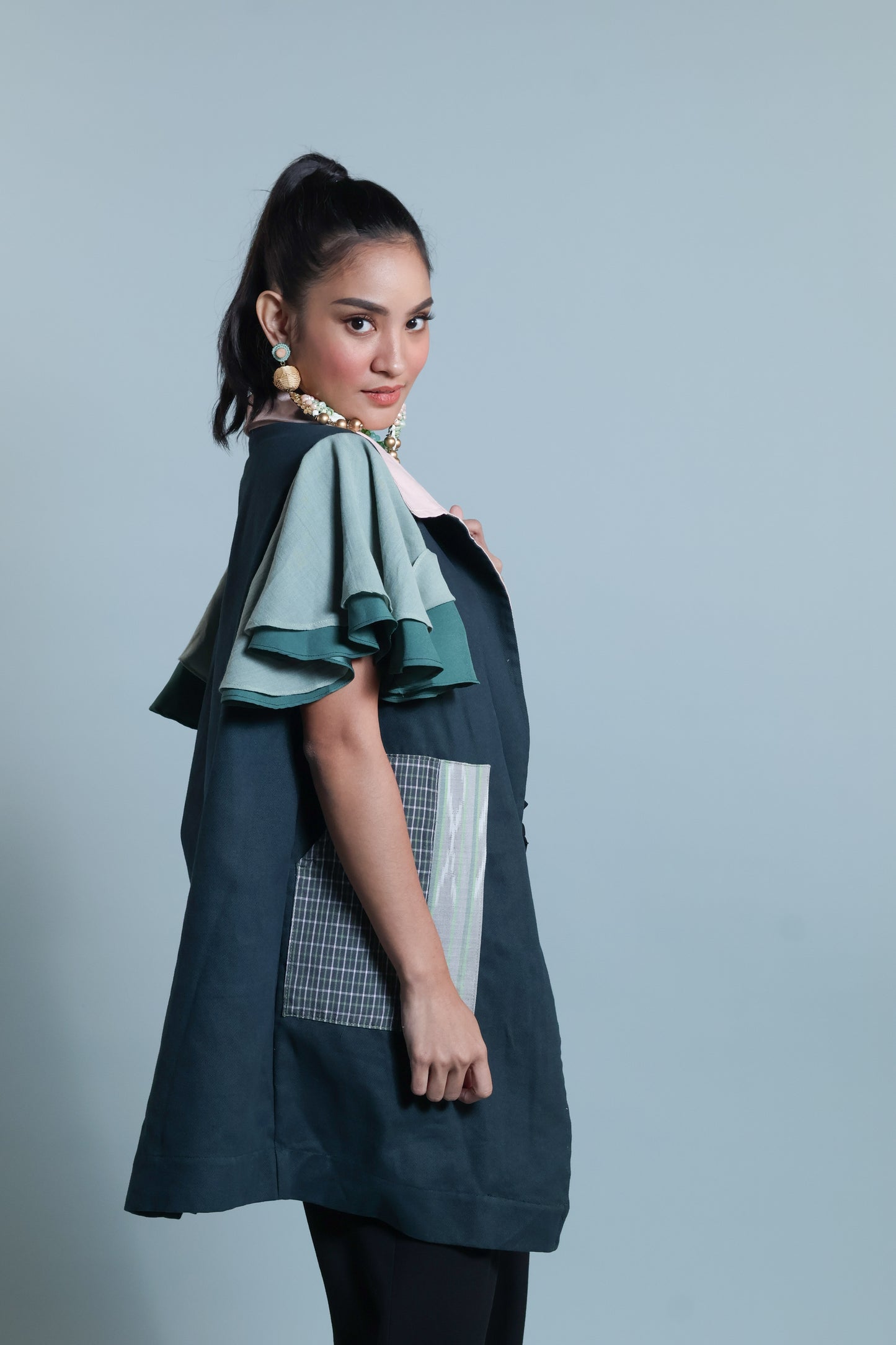PANGANAY  TRENCH IN GREEN WITH IKAT AND HABLON WEAVE
