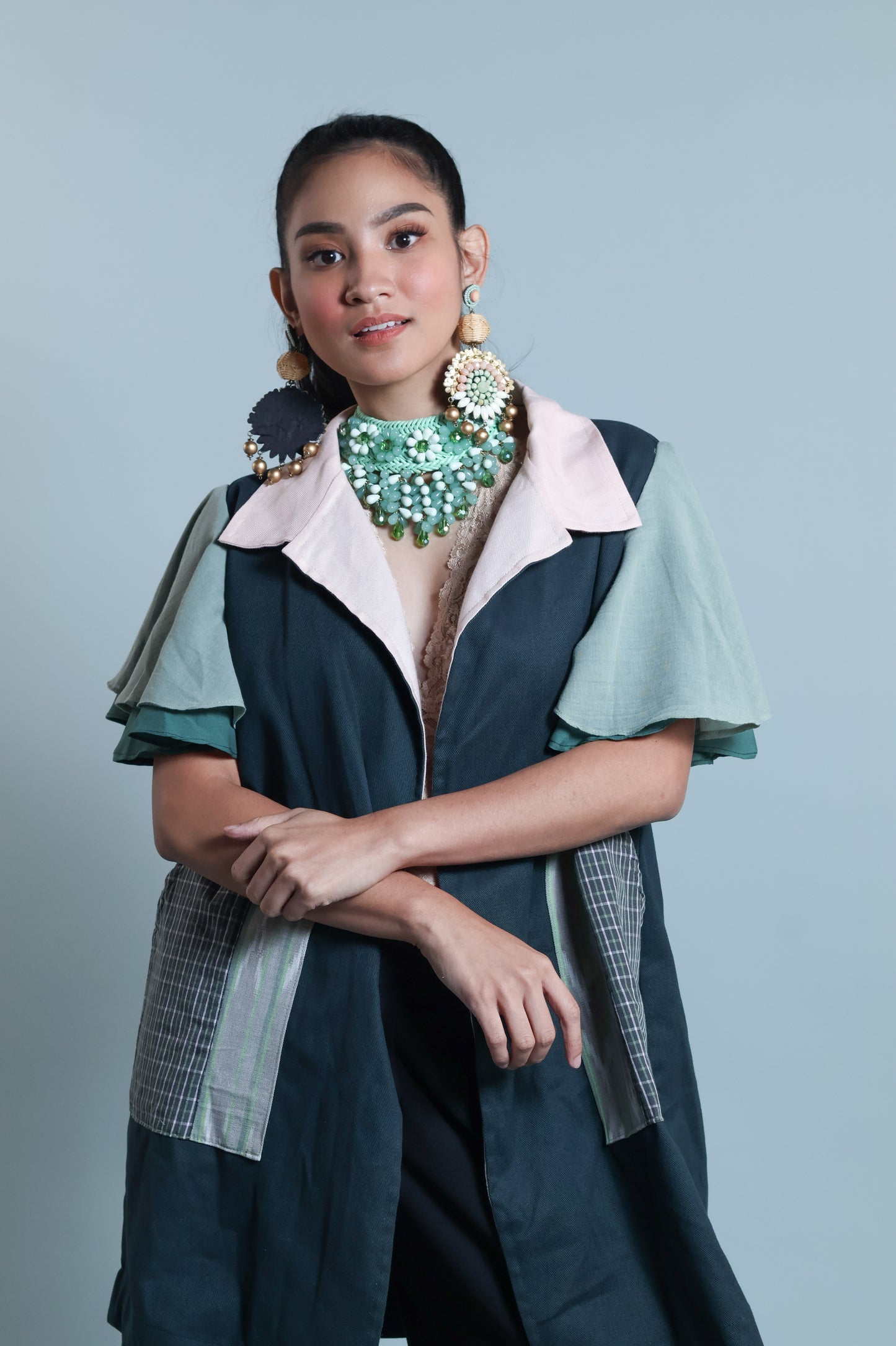 PANGANAY  TRENCH IN GREEN WITH IKAT AND HABLON WEAVE