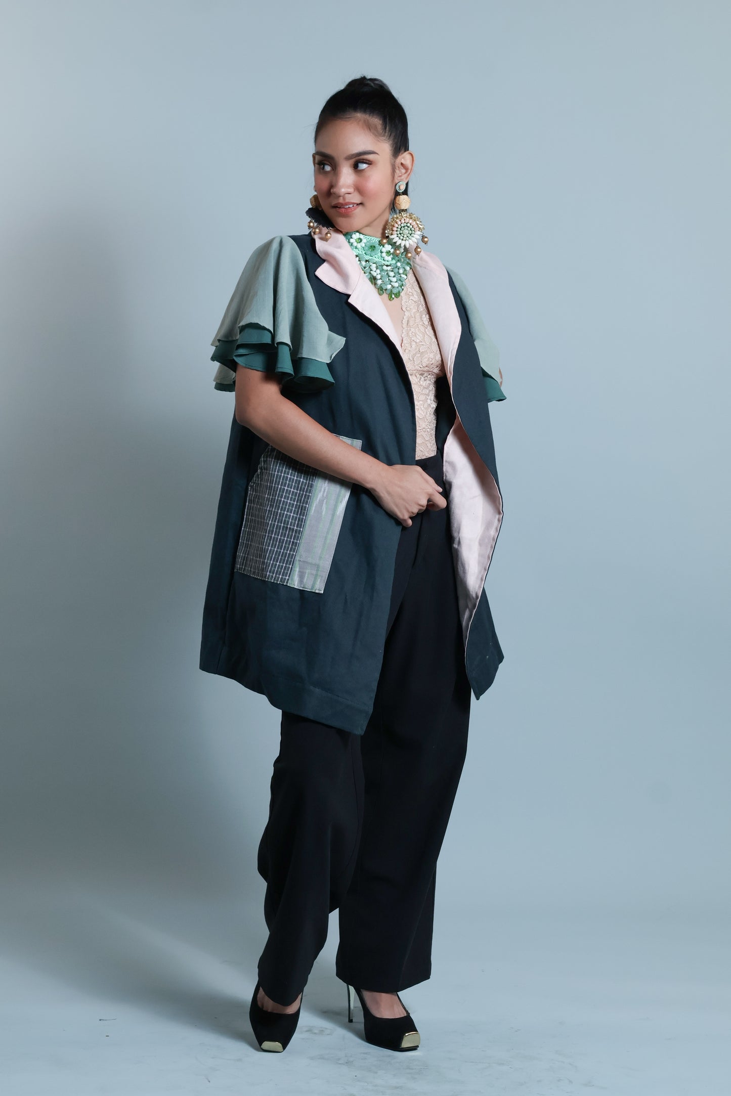 PANGANAY  TRENCH IN GREEN WITH IKAT AND HABLON WEAVE