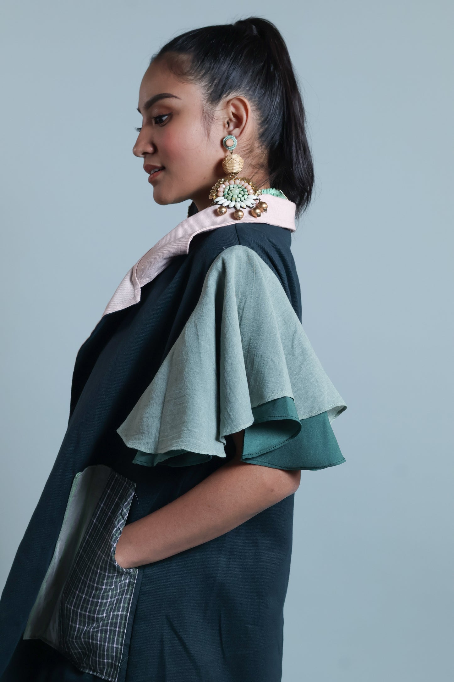 PANGANAY  TRENCH IN GREEN WITH IKAT AND HABLON WEAVE