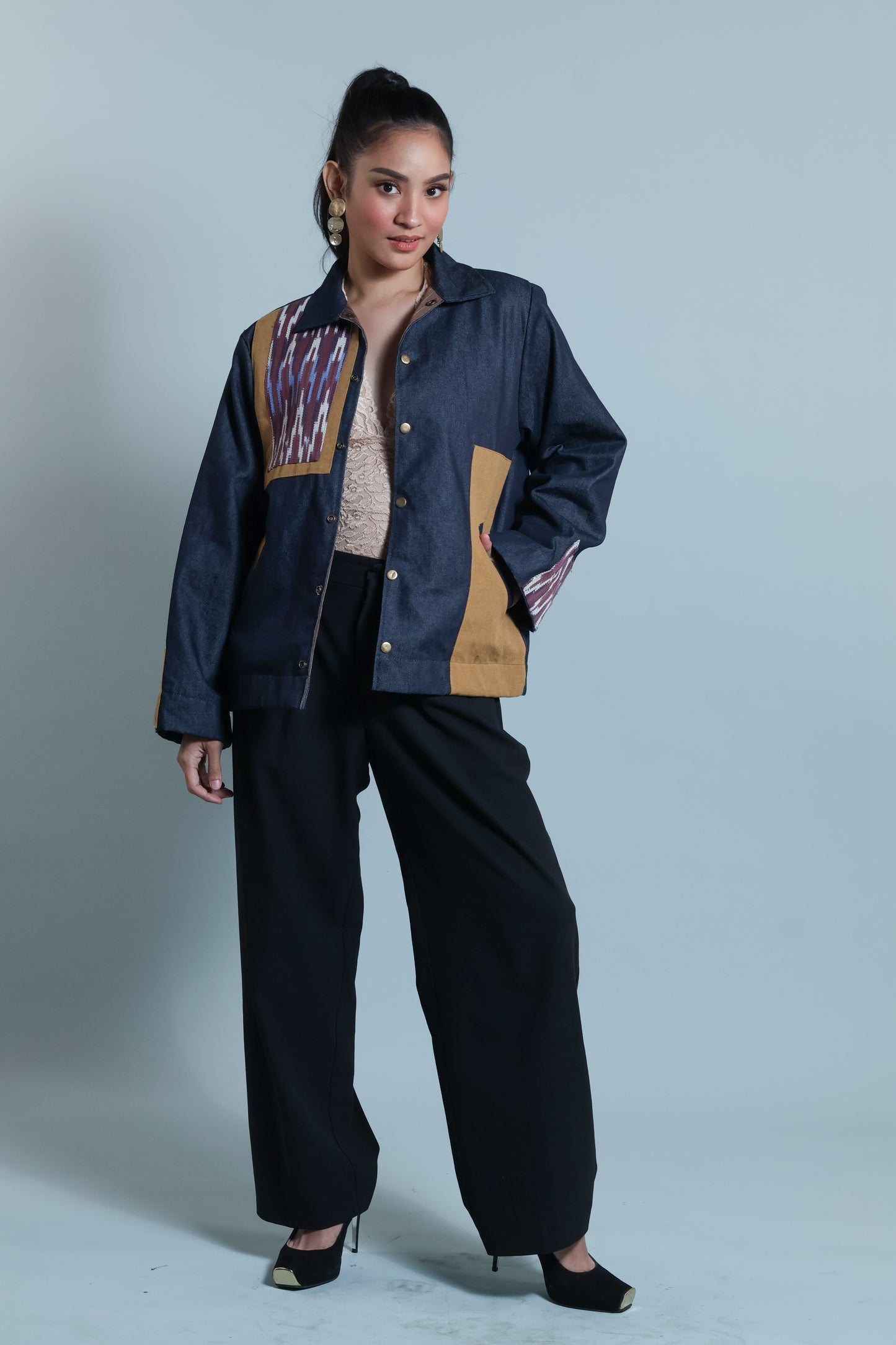 MAGINOO UNISEX JACKET IN DENIM AND IKAT OF THE NORTH