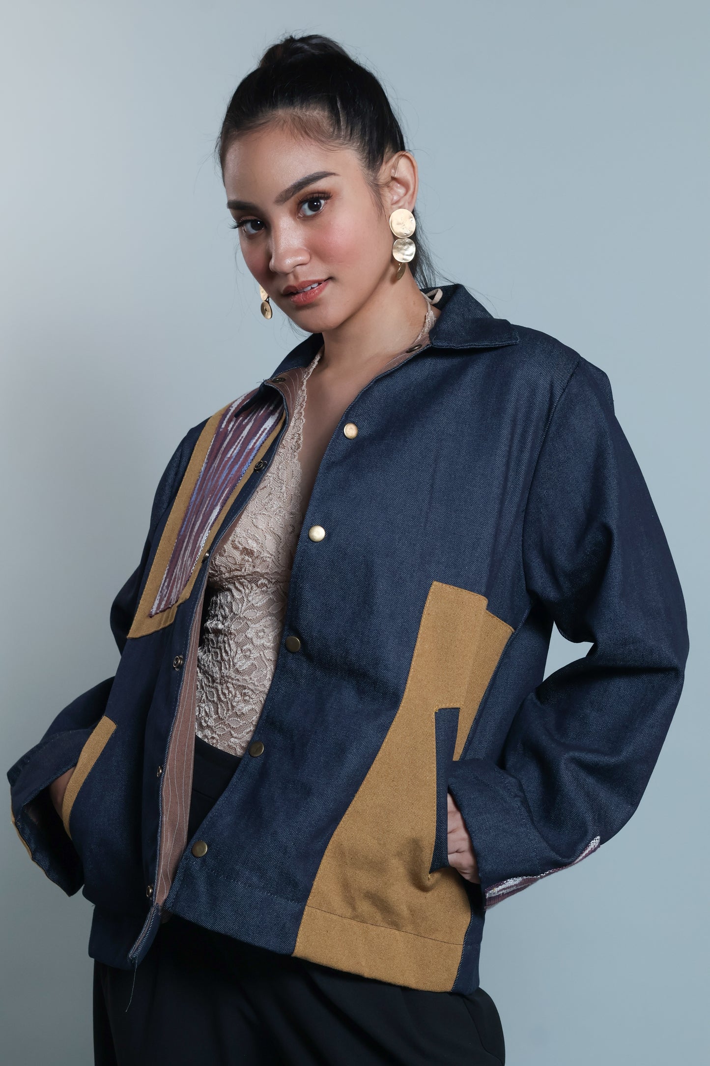 MAGINOO UNISEX JACKET IN DENIM AND IKAT OF THE NORTH
