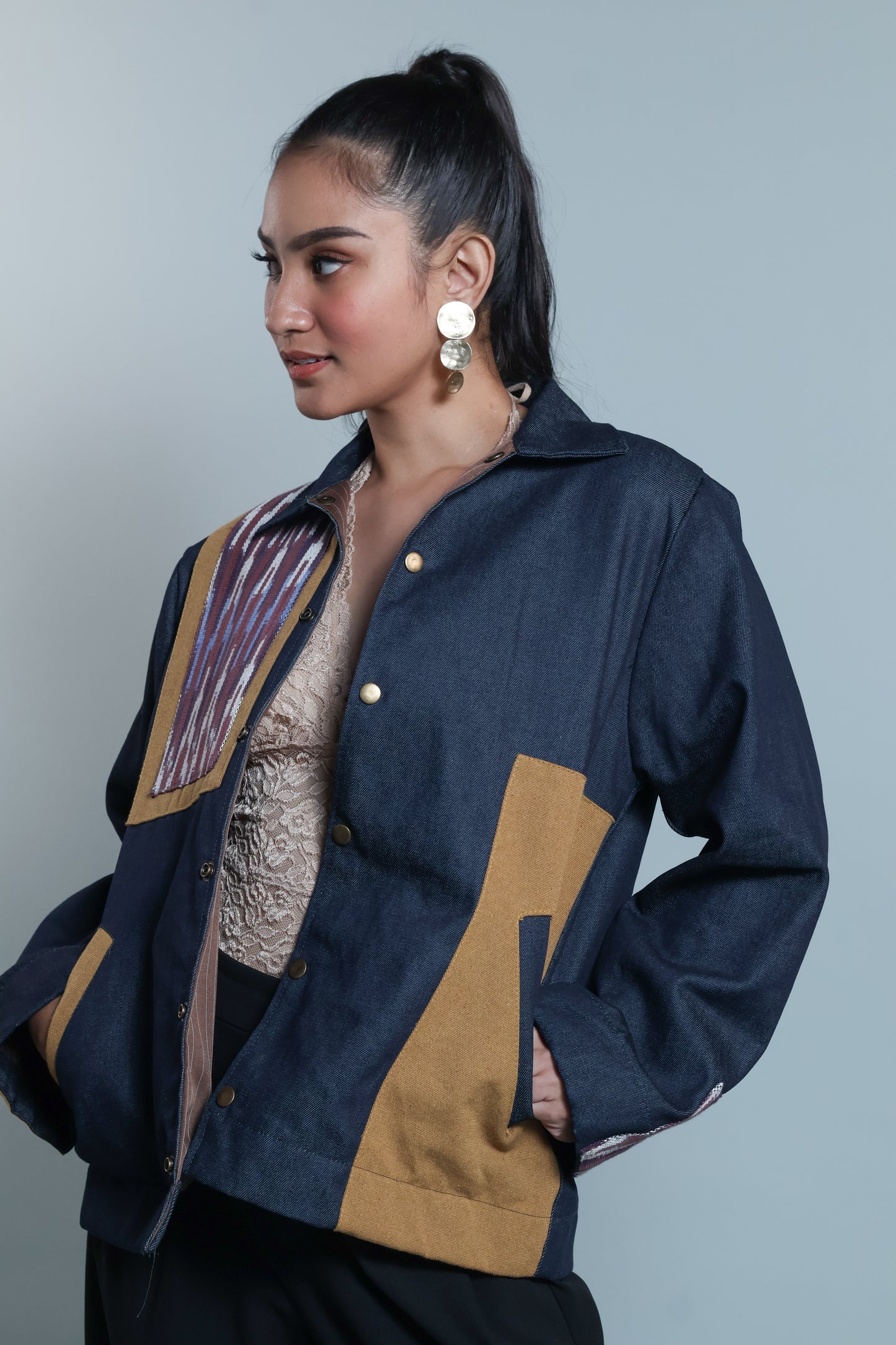 MAGINOO UNISEX JACKET IN DENIM AND IKAT OF THE NORTH