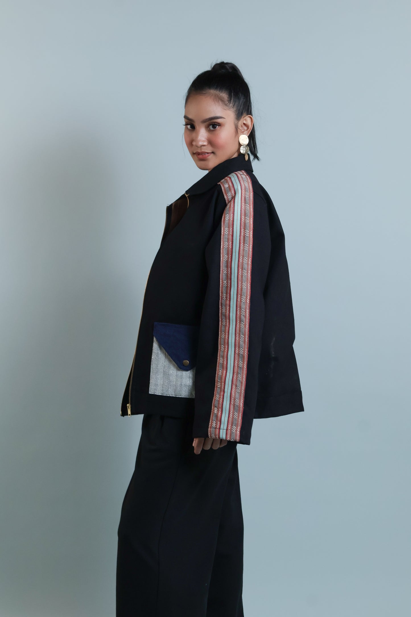 MATIPUNO UNISEX DENIM JACKET WITH KALINGA AND KABANGKALAN WEAVE