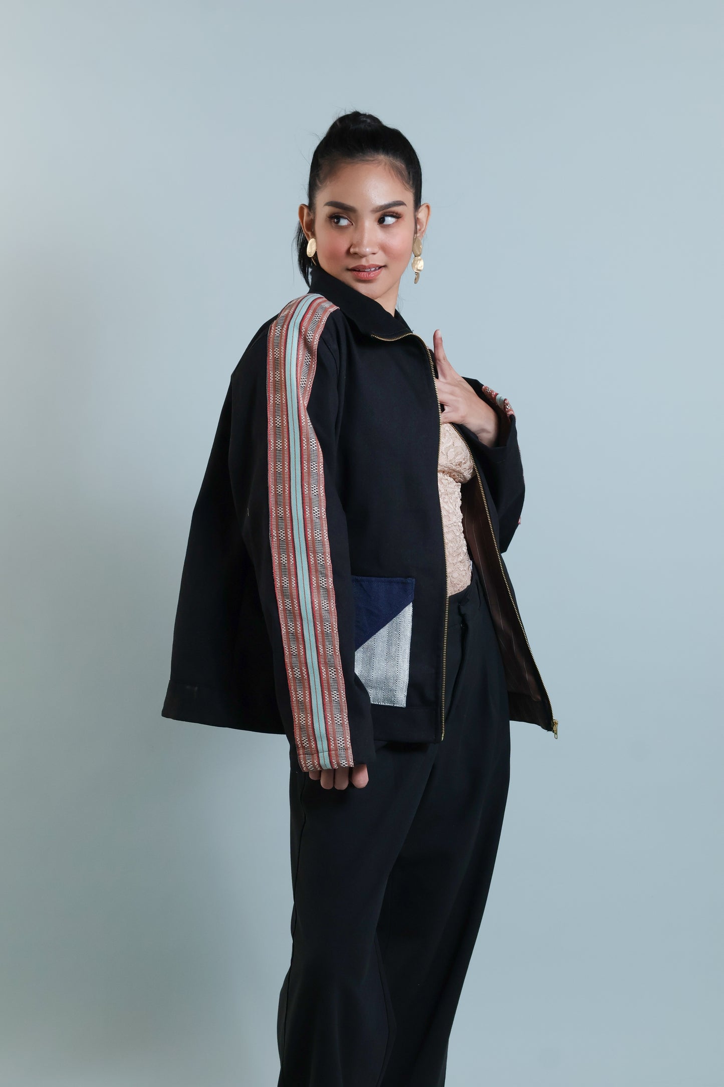 MATIPUNO UNISEX DENIM JACKET WITH KALINGA AND KABANGKALAN WEAVE