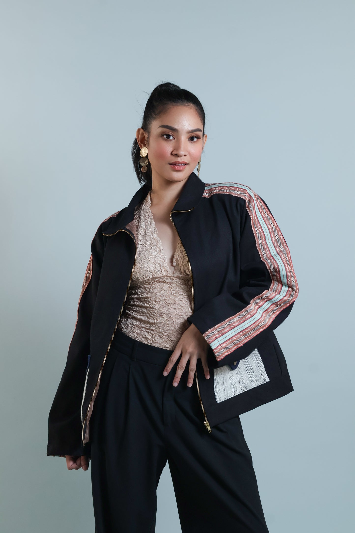 MATIPUNO UNISEX DENIM JACKET WITH KALINGA AND KABANGKALAN WEAVE
