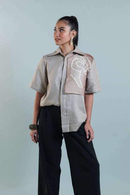 PUSONG INIWAN IN CREAM PURE LINEN WITH BARONG EMBROIDERY