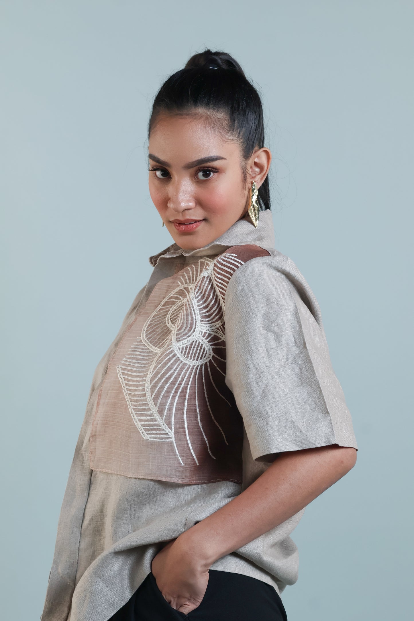 PUSONG INIWAN IN CREAM PURE LINEN WITH BARONG EMBROIDERY