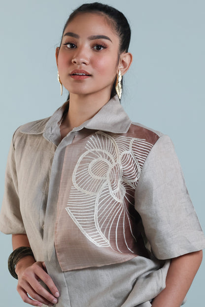 PUSONG INIWAN IN CREAM PURE LINEN WITH BARONG EMBROIDERY