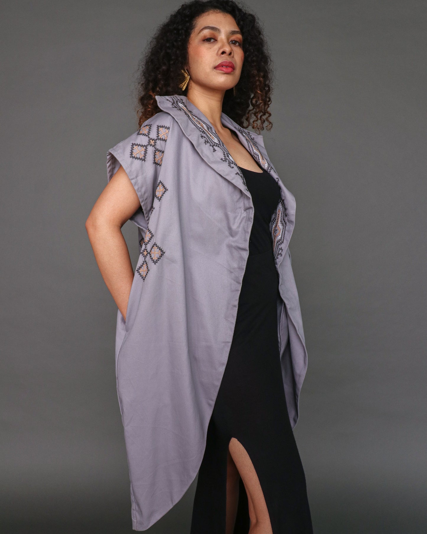 Kagalanggalang Trench Kimono with Nesif Embroidery by the Tboli Tribe in Grey ( uneven collar)