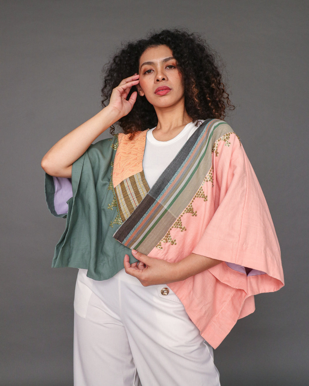 Yakan Peach and Rare Negros Green Heritage Poncho in Soft Linen with Hand Embroidery and Lining