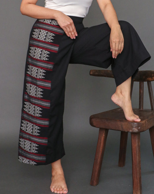 Magiliw Black Linen Pants with Cotton Inaul Weave of Maguindanao