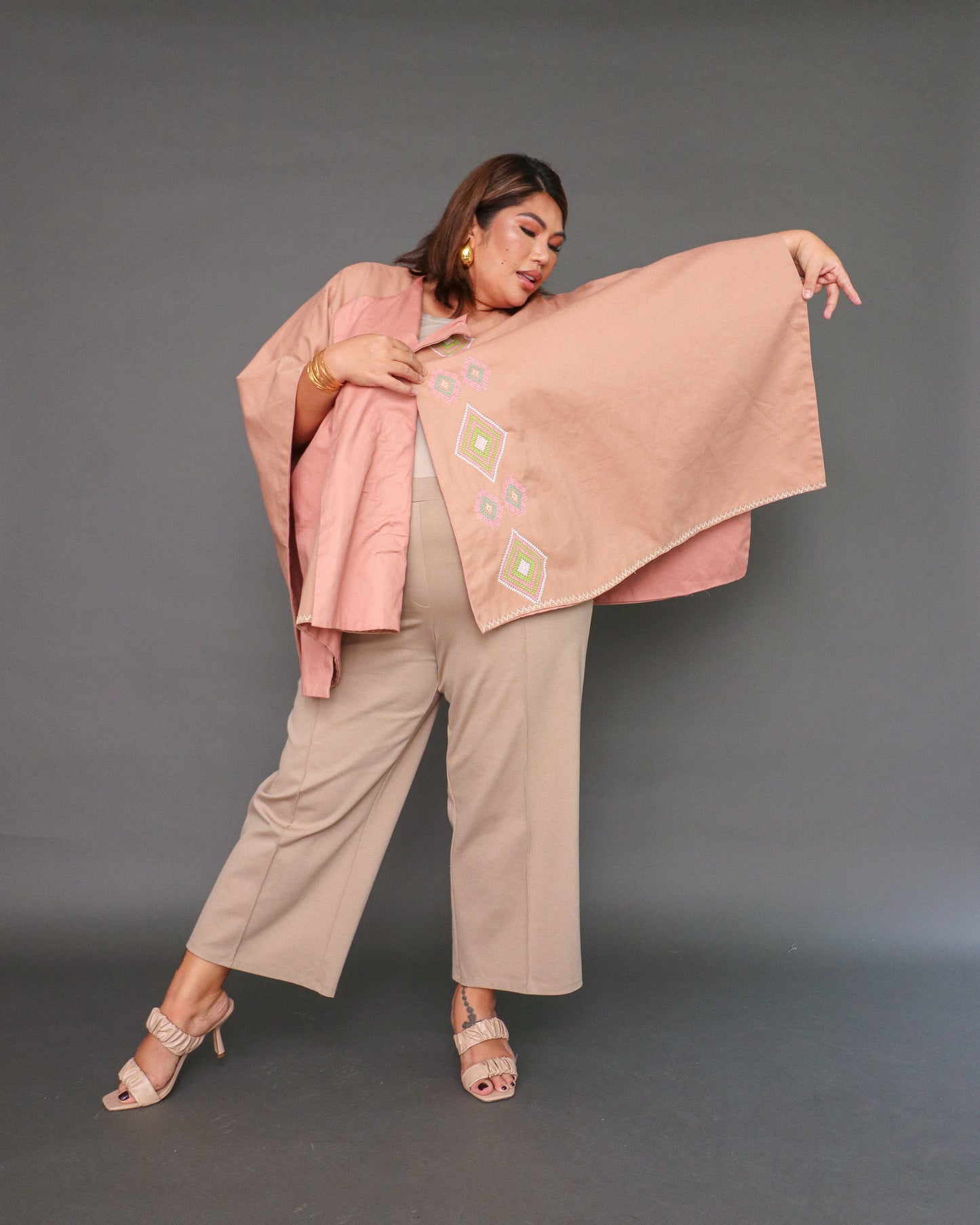 Balabal Kapa Versatile Cover Up Cape Poncho with Tboli Hand Embroidery in Muted Brown
