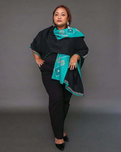 Kaharian Black Green Versatile Cover Up Cape Poncho with Tboli Nesif Hand Embroidery