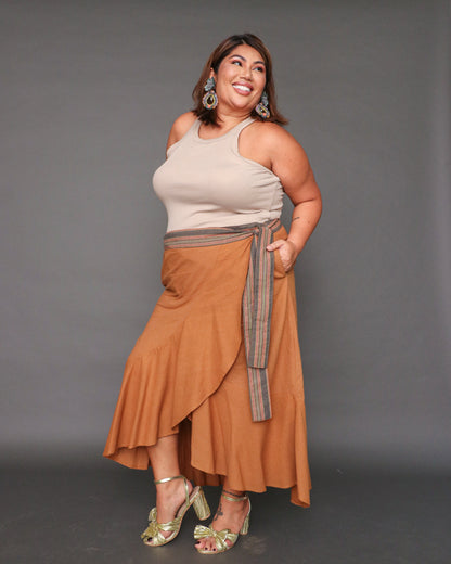 XL Dapit Hapon Wrap Skirt with Kantarines Belt in Brown Linen