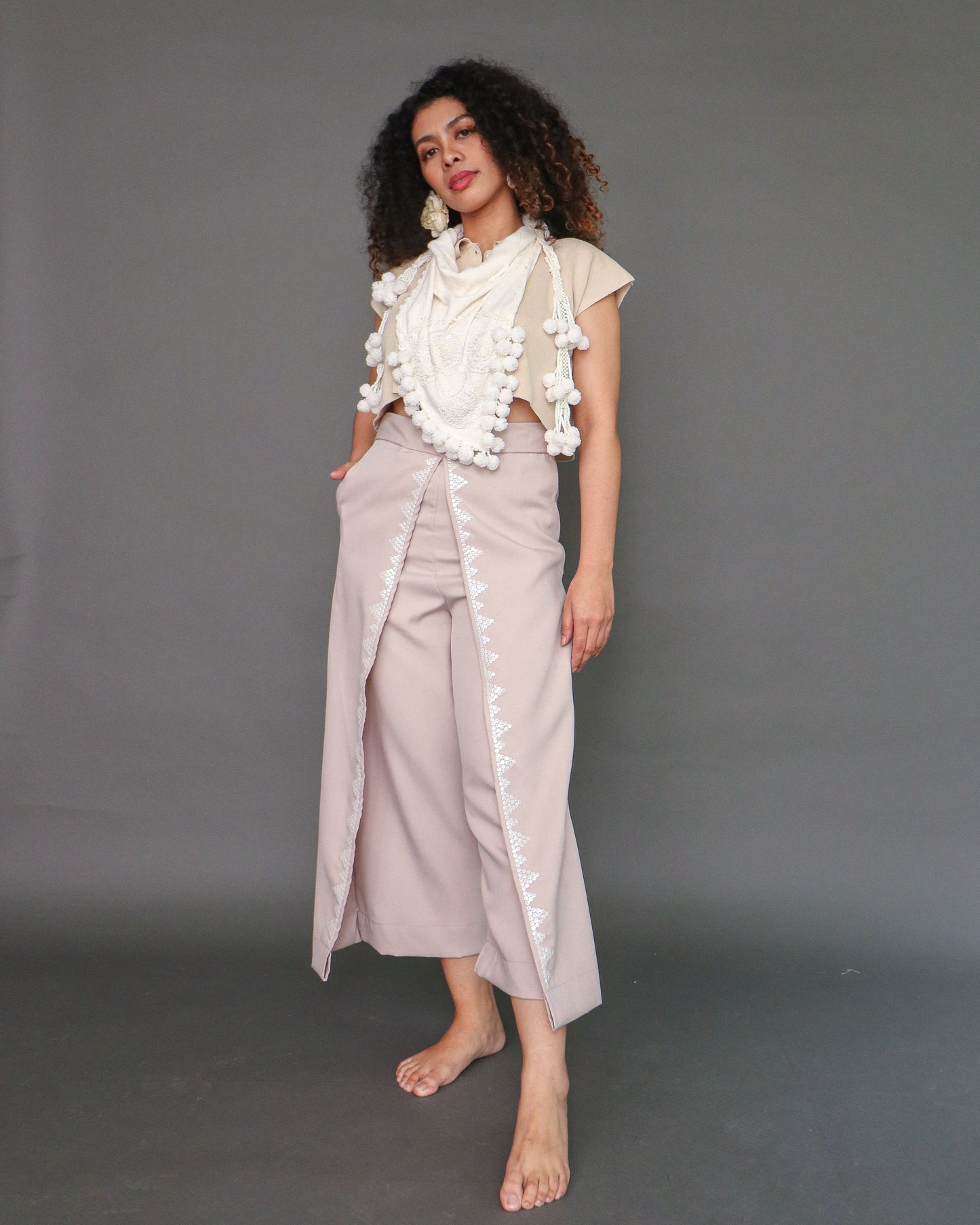 Maayos Kausap Non-Crumple Flair Pants with Hand Embroidery in Cream & White