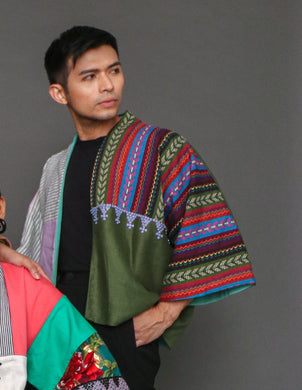 Color Block Poncho in Tausug, Hablon, and Kantarines Weaves in Olive Green