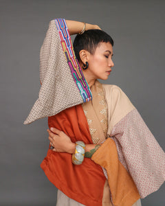 Aruga Samurai Kimono Poncho in Premium Pisyabit of Sulu in Orange & Nude