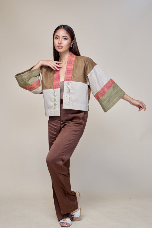 Laban Tayo Crop Kimono in Brown Fatigue Twill with Binakol and Negros Cotton Weaves
