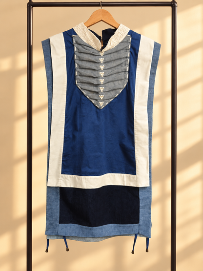 MADALING PARAAN LONG BIB IN BLUE DENIM WITH CALADO COLLAR